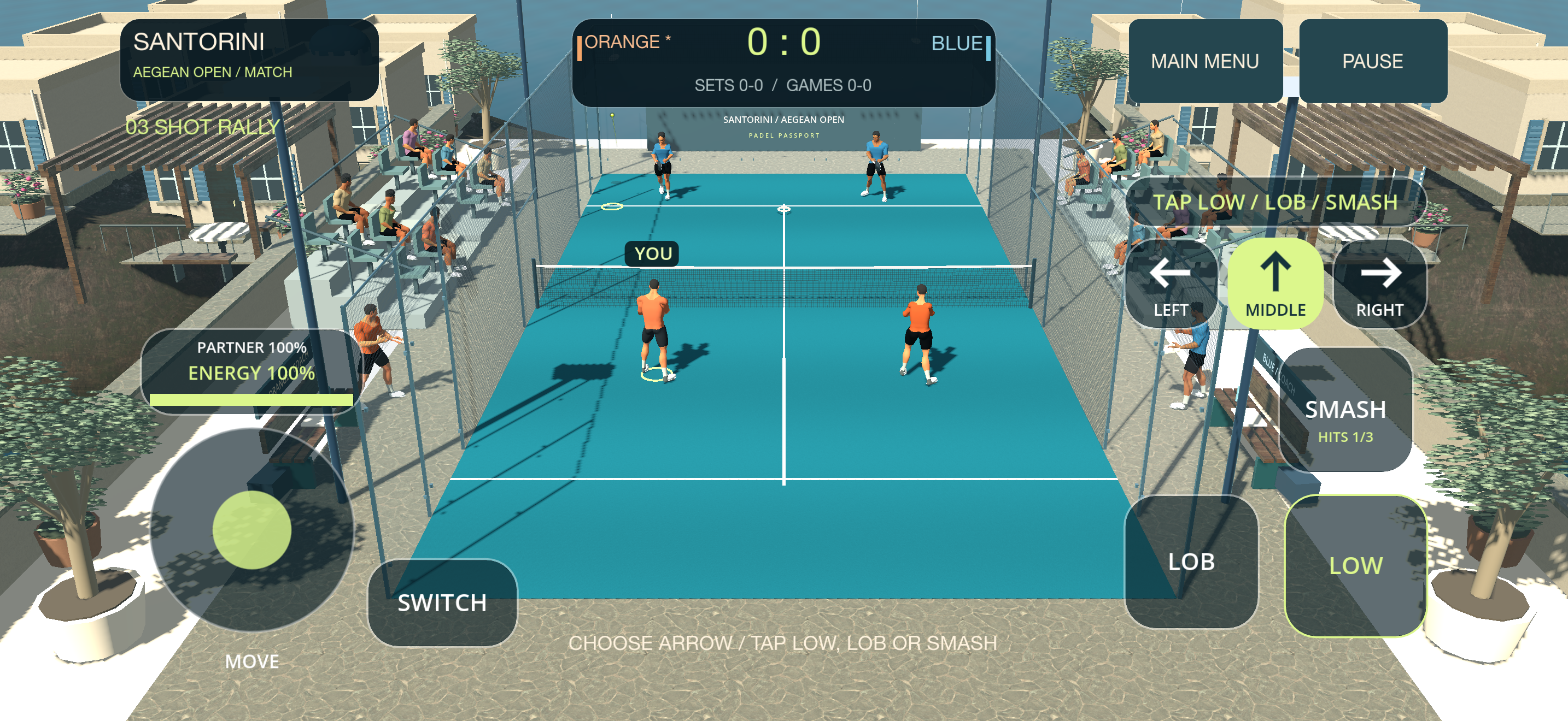 Padel Champion on iPhone: four athletes on Santorini’s blue glass-enclosed court, surrounded by white buildings and spectators.